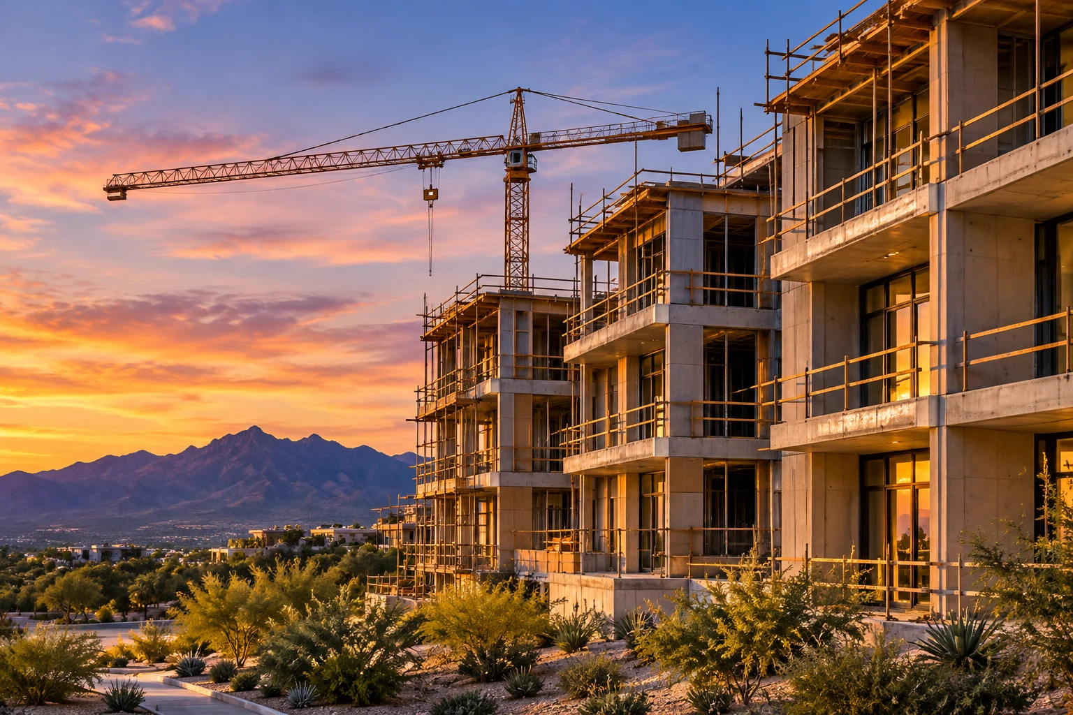 Residential community under construction at sunset