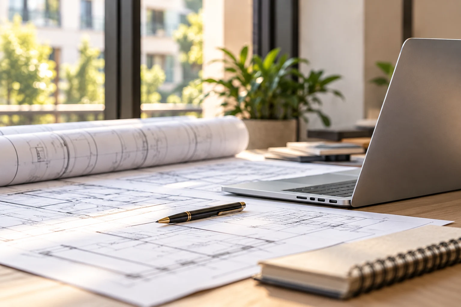 Architectural plans and a laptop on a planning desk