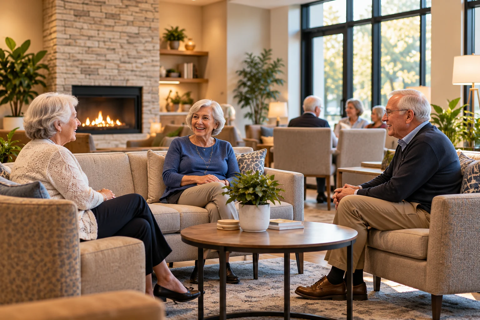 Residents gathering in a senior living lounge